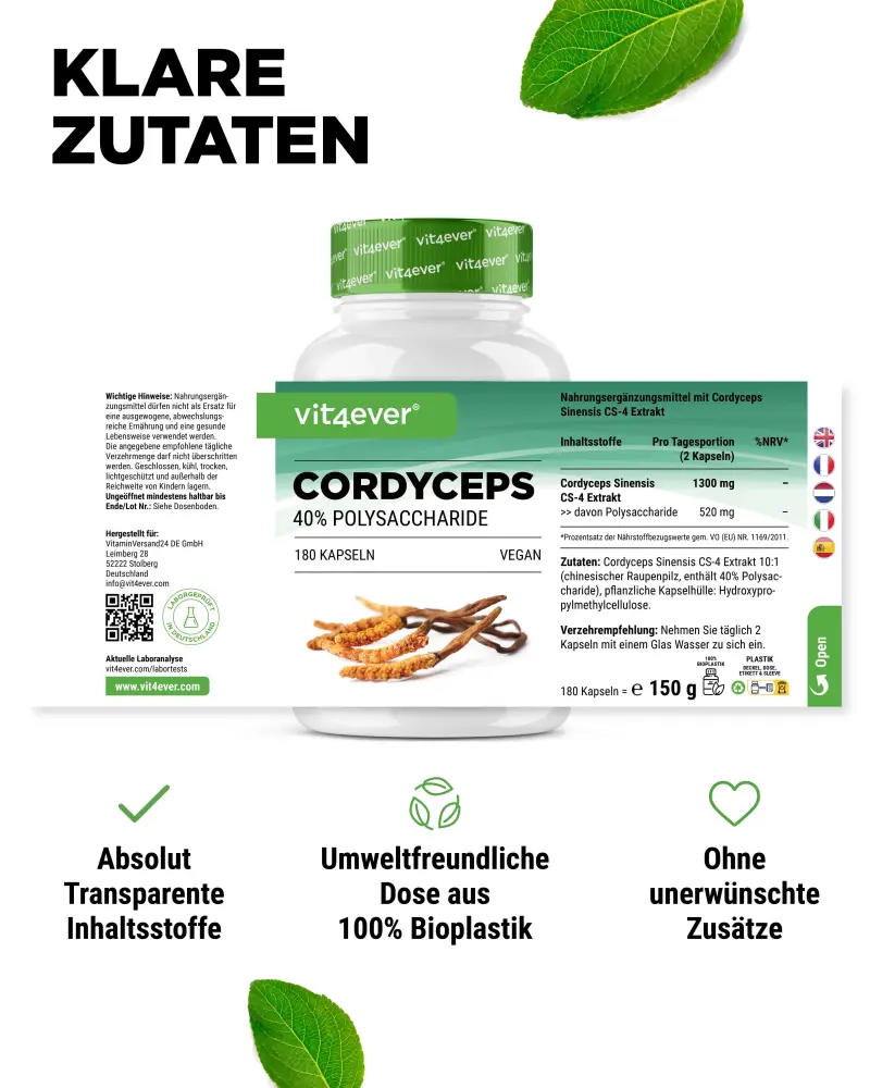 Vit4ever Cordyceps Intenso Extract – 180 capsules – voedingswaarden