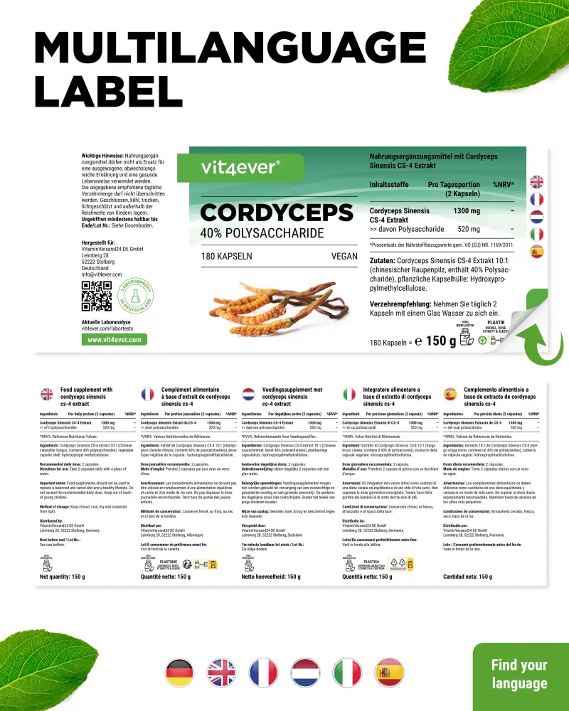 Vit4ever Cordyceps Intenso Extract – 180 capsules – achterkant