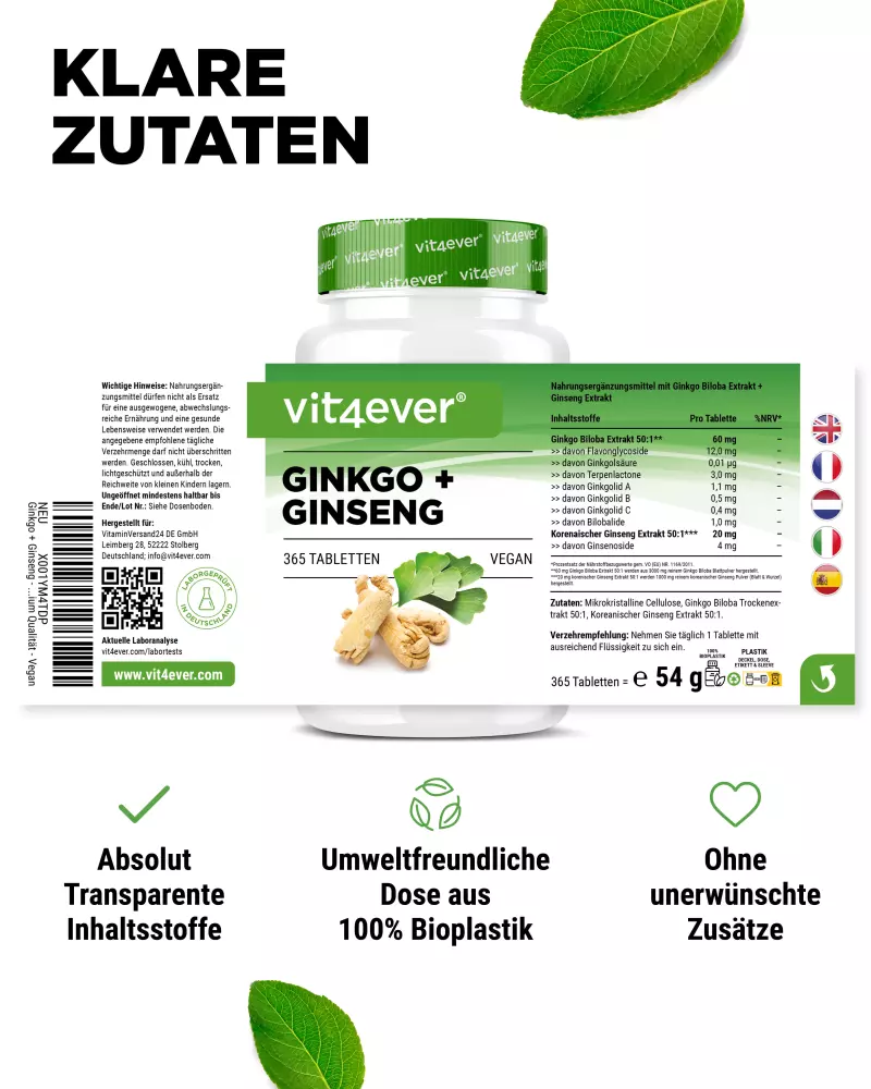 Vit4ever Ginkgo + Ginseng – 365 compresse – valori nutrizionali