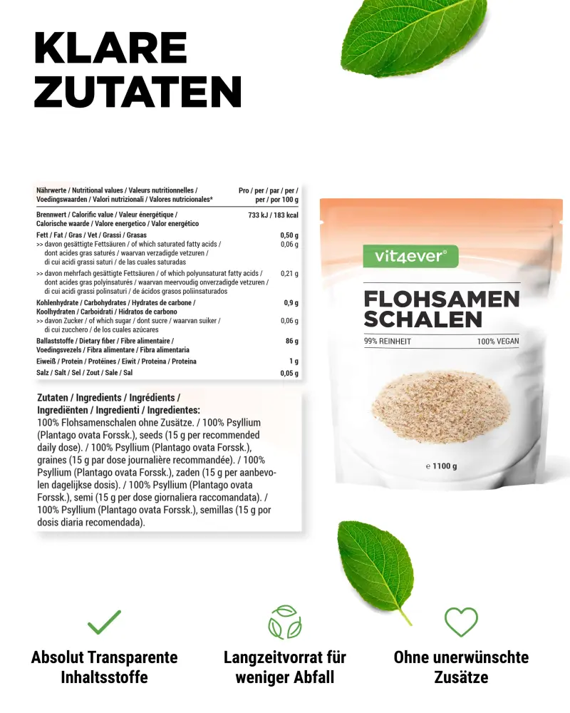 Vit4ever Cáscaras de psyllium – 1000 g – valores nutricionales