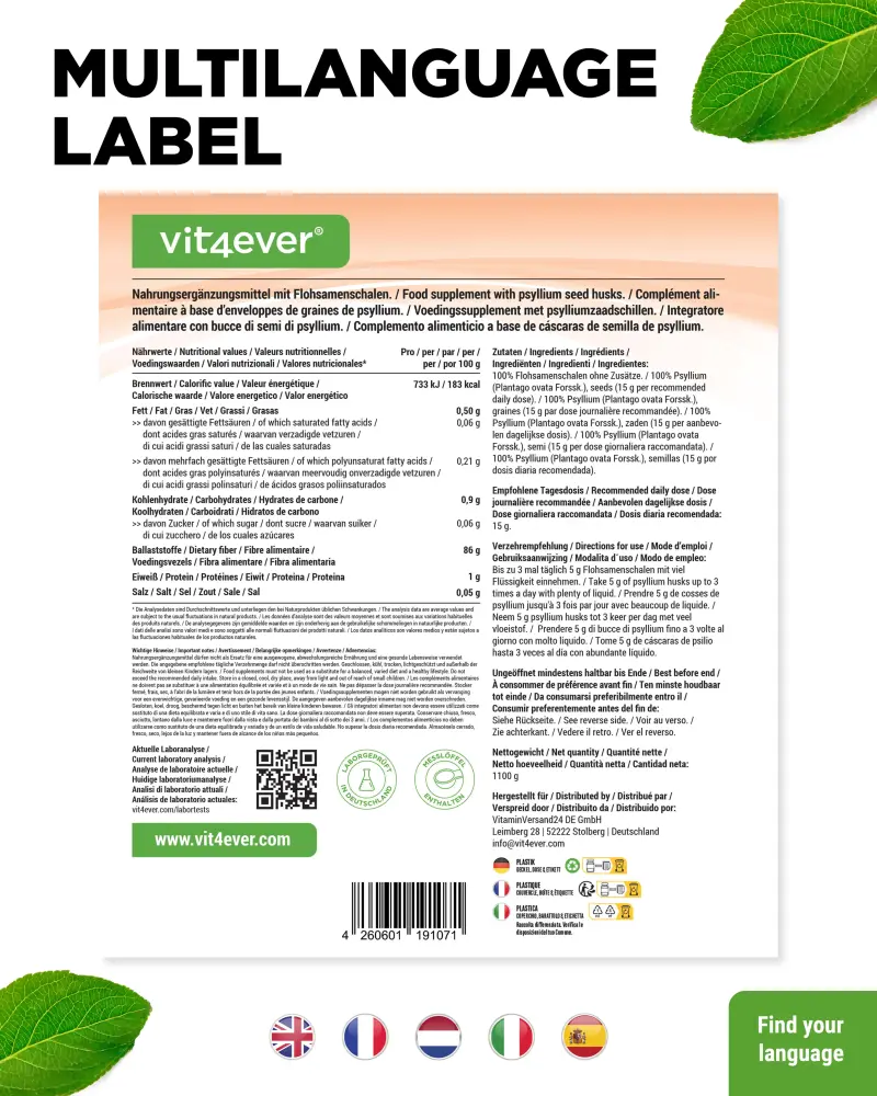 Vit4ever Cáscaras de psyllium – 1000 g – trasera