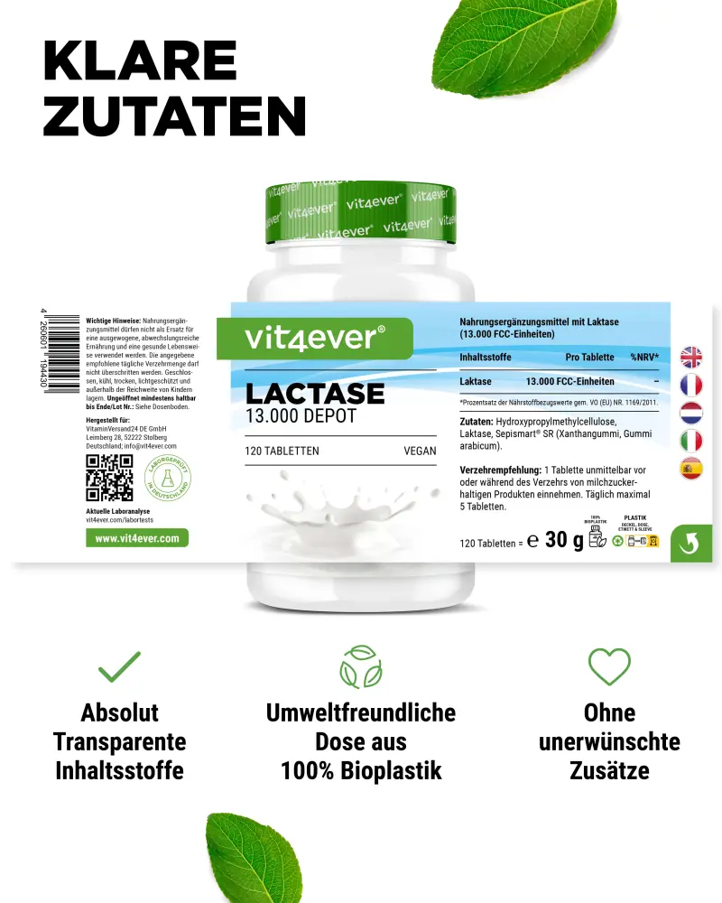 Vit4ever Lactase Depot 13000 – 120 compresse – valori nutrizionali