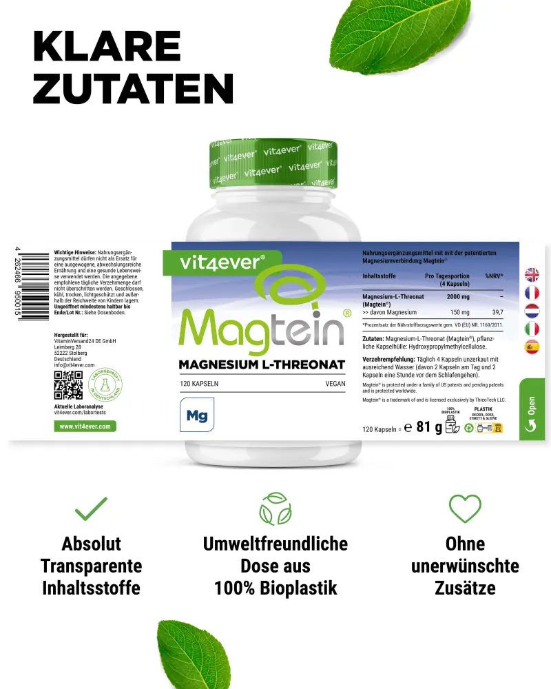 Vit4ever Magtein® Magnesium L-threonaat – 120 capsules – voedingswaarden