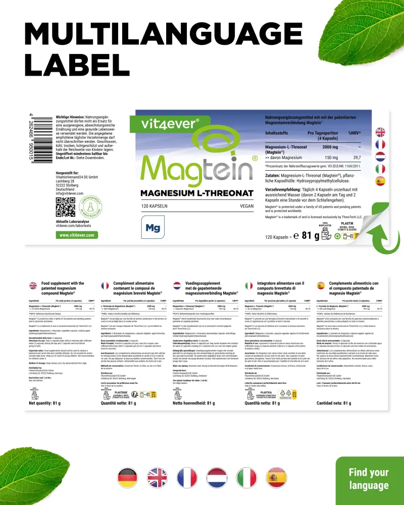 Vit4ever Magtein® Magnesium L-threonaat – 120 capsules – achterkant