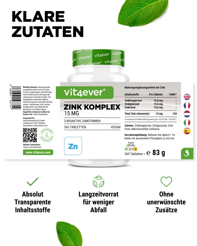 Vit4ever Complesso di zinco 15 mg – 365 compresse – valori nutrizionali