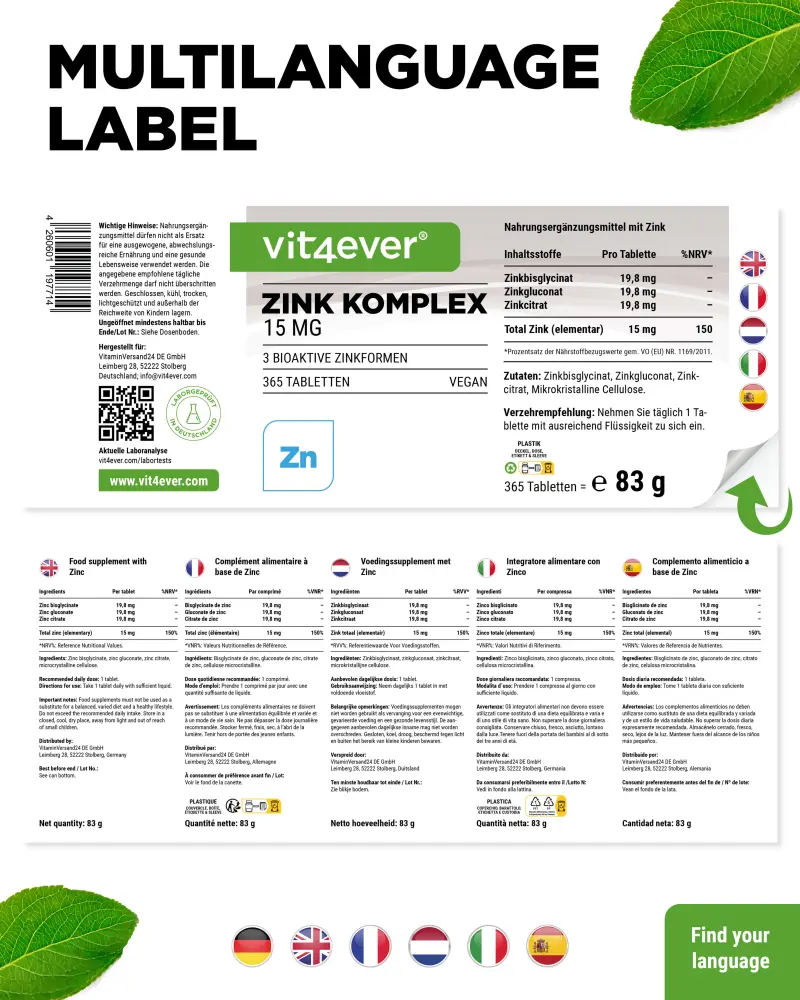 Vit4ever Complesso di zinco 15 mg – 365 compresse – retro
