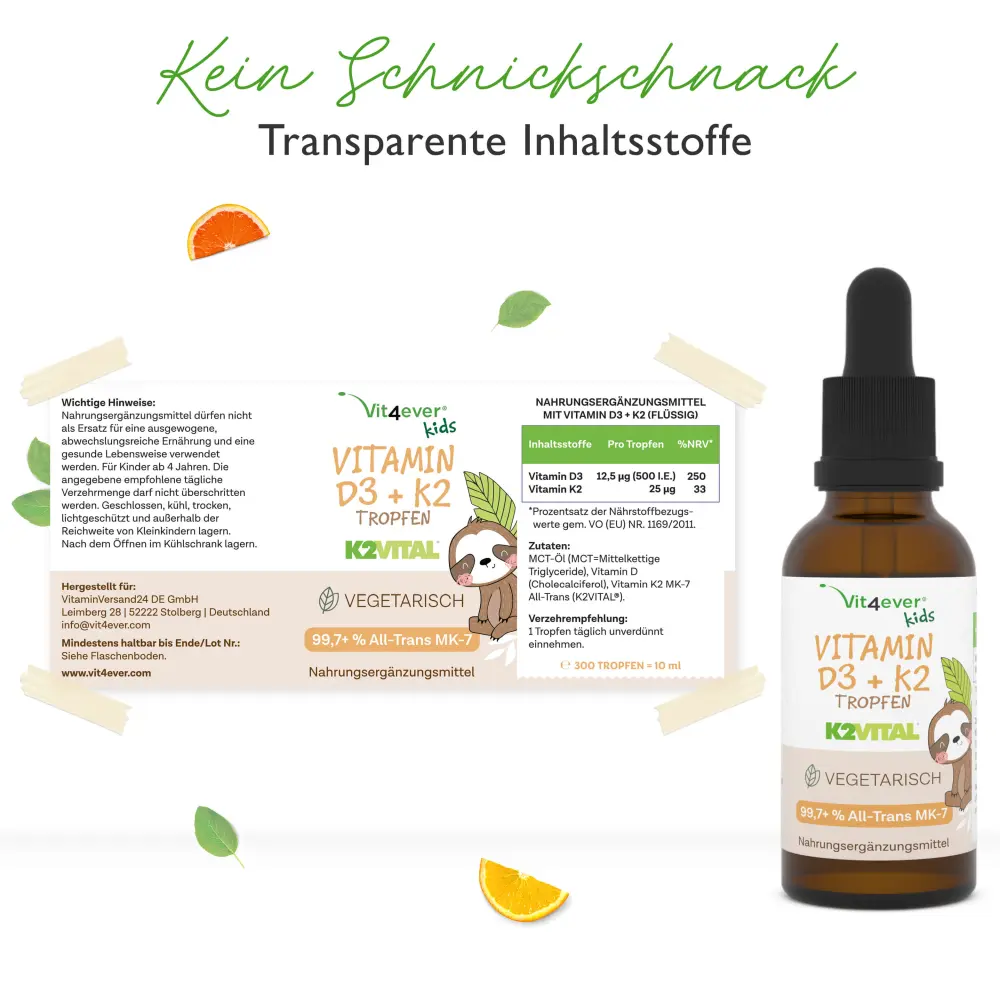 Vit4ever Gotas de vitamina D3 + K2 para crianças – 10 ml – valores nutricionais