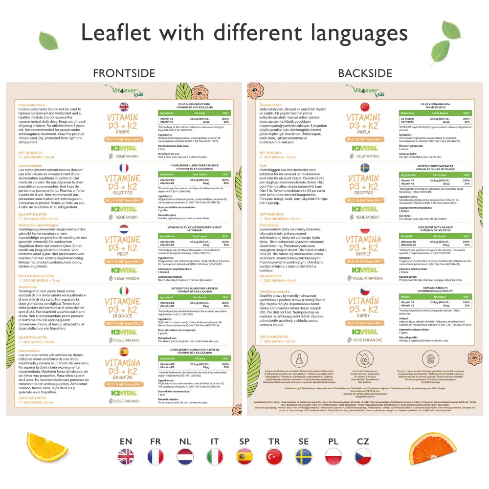 Vit4ever Gotas de vitamina D3 + K2 para crianças – 10 ml – verso